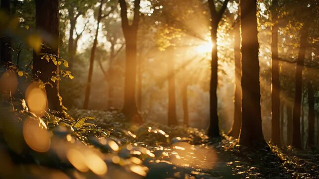 Golden hour forest path bathed in warm sunlight with dreamy bokeh and trees