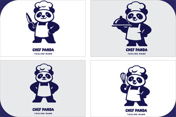 Naklejka premium Minimalist Chef Panda Mascot Logo Design with Cute Professional Cartoon Character in Clean Black and White Style