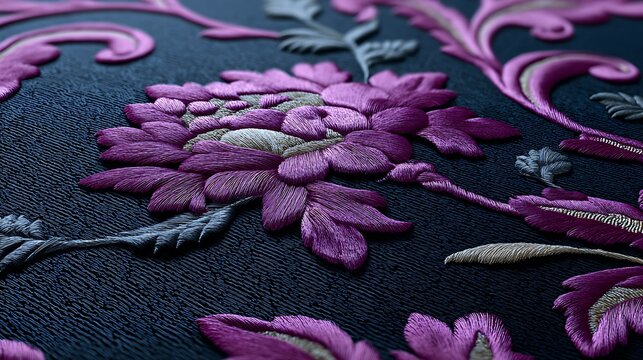 Detailed floral embroidery with purple and silver threads on dark fabric background