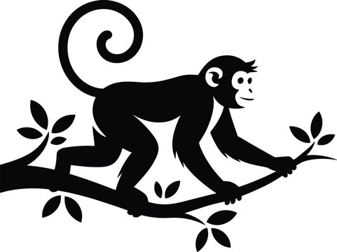 Monkey Silhouette Vector Illustration on Tree Branch Cute Primate Animal Design for Nature and Wildlife Themes