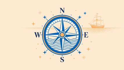 Nautical compass rose with a sailing ship on the horizon, symbolizing exploration, adventure, and guidance. © pria