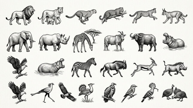 Collection of African Wildlife Animals in Vintage Sketch Style.
