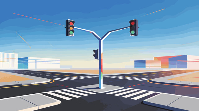 An intersection with traffic lights and crosswalks under a clear blue sky, suggesting urban navigation and traffic control.