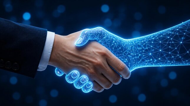 A handshake between a human hand and a glowing digital interface hand, symbolizing the connection between people and technology.