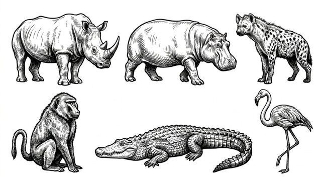 Collection of African Wildlife Animals Hand Drawn Sketch Style.