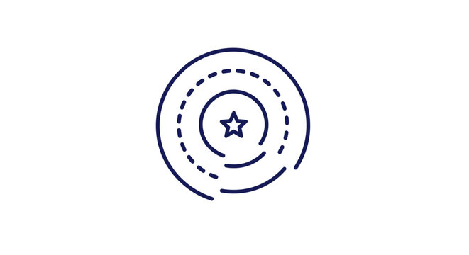 Concentric circles with a star icon, abstract design, minimal line art, blue on white background