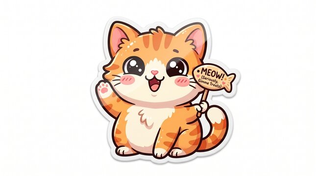 Charming cartoon kitten sticker featuring a cheerful orange tabby waving a friendly paw and holding a 'MEOW!' fish sign, ideal for children's designs and playful graphics