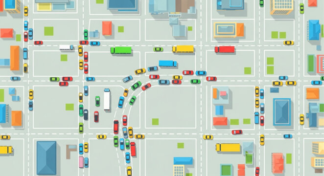 Busy City Street Intersection With Traffic Congestion.