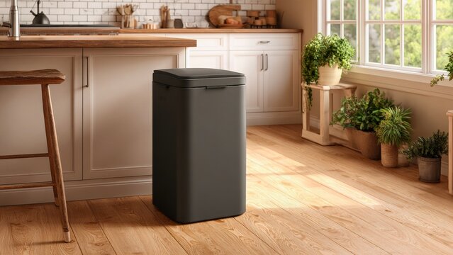Tall rectangular trash bin in bright kitchen with wooden counter and plants