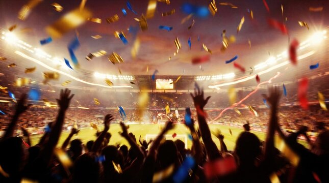 Soccer fans celebrating at stadium with falling confetti. Crowds cheering during sports final match at night. Victory celebration, excitement, and energy in arena after goal score.