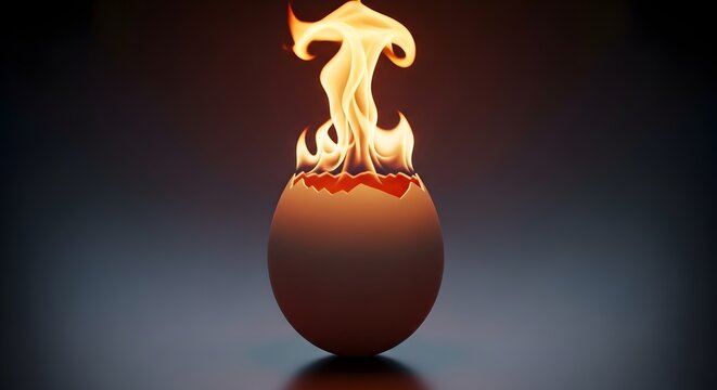 Broken egg shell with bright orange flames burning on top against a dark moody background