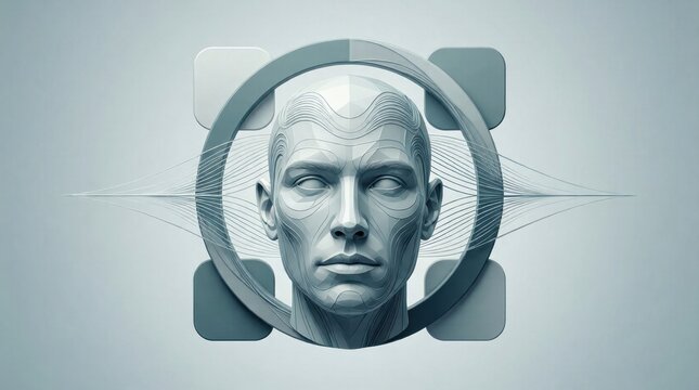 Sculpted human bust centered within geometric frame on neutral background