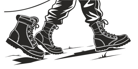 Graphic illustration of soldier feet wearing tactical boots walking with tactical military camouflage marching illustration outdoors footwear personnel training movement protection trekking © Lisa