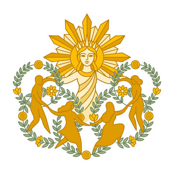 Sun goddess surrounded by dancers in a laurel wreath, graphic illustration