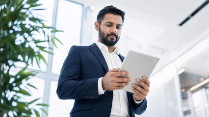 Fototapeta premium Confident Indian Businessman Using Digital Tablet in Modern Office