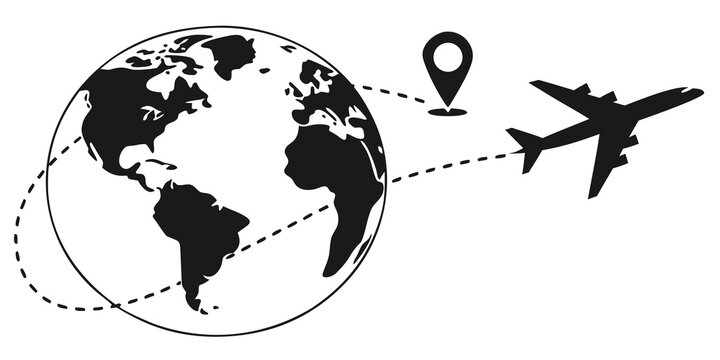 Airplane flight path around earth globe icon with location pin for travel concept airplane location transportation aviation illustration destination navigation international business