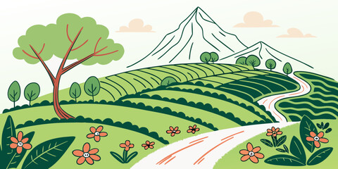Colorful stylized illustration of floral meadow and mountain landscape with landscape mountain blooming farmland illustration agriculture countryside botanical scapeland backdrop colorful © Lisa