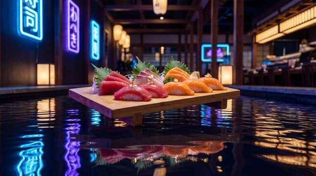 Sushi platter floats on a wooden tray over a dark reflective pool inside a vibrant neon restaurant.