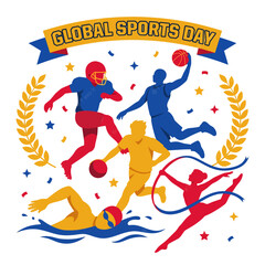 Obraz premium Global Sports Day celebration with diverse athletes and celebratory elements