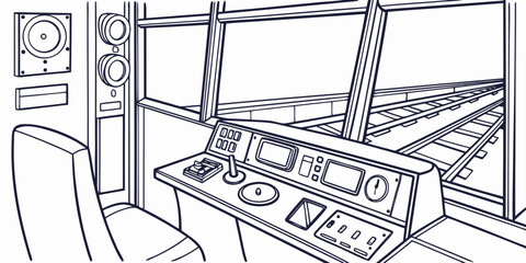 Graphic line illustration of high speed train driver cab controls and railway tracks view with transport locomotive dashboard commuter transportation technology interior perspective railroad © Lisa