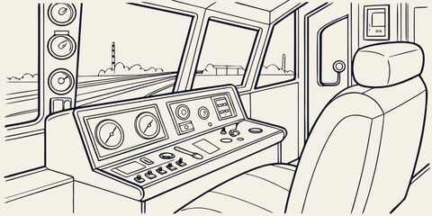 Detailed line graphic of industrial locomotive train control panel and front window view with locomotive transport dashboard technology operator interior industrial machinery transportation © Lisa