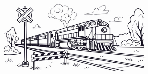 Passenger train approaching a railroad crossing with warning signals railroad locomotive crossing transportation transport illustration monochrome passenger infrastructure landscape © Lisa