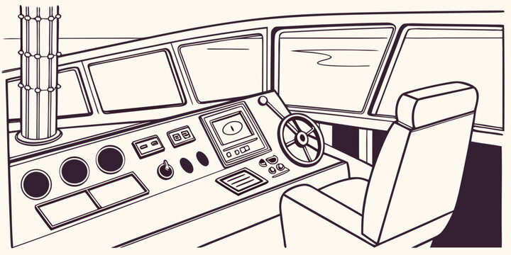 Line art illustration of marine ship bridge interior with steering wheel and navigation consoles nautical steering navigation interior maritime transport equipment dashboard technology