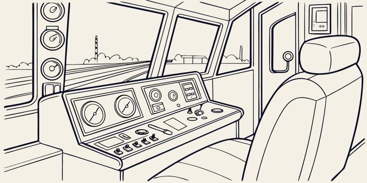 Detailed line graphic of industrial locomotive train control panel and front window view with locomotive transport dashboard technology operator interior industrial machinery transportation