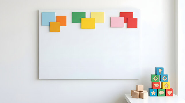 A bright white magnetic board with colorful square magnets and a stack of wooden blocks in a clean room.