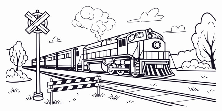 Passenger train approaching a railroad crossing with warning signals railroad locomotive crossing transportation transport illustration monochrome passenger infrastructure landscape