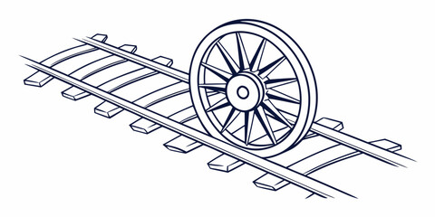 Old fashioned railway wheel resting on curved tracks line art with transportation locomotive engineering railroad machinery component technology illustration industrial movement transport © Lisa