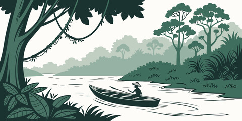 Person rowing canoe in tropical river landscape with rainforest landscape tropical wilderness vegetation adventure environment peaceful illustration riverbank vacation background woodland © Lisa