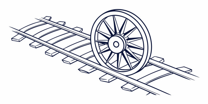 Old fashioned railway wheel resting on curved tracks line art with transportation locomotive engineering railroad machinery component technology illustration industrial movement transport