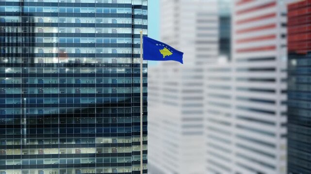 Kosovo Flag 3D Render Animation on Pole with Modern City Buildings - Shallow Depth of Field, Daytime View