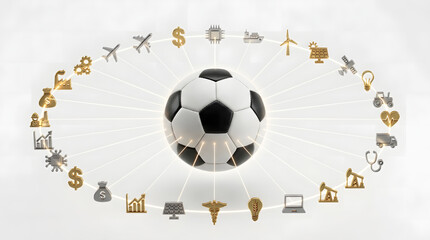 A soccer ball at the center of a global network of diverse industry and lifestyle icons, symbolizing interconnectedness and worldwide impact.