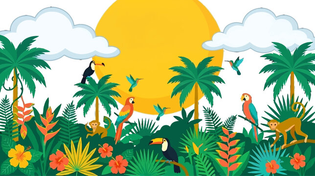 Vibrant Tropical Jungle Scene with Exotic Birds, Monkeys, and Lush Foliage