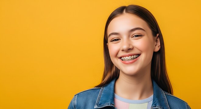 Smiling young woman with dental braces posing against a yellow background