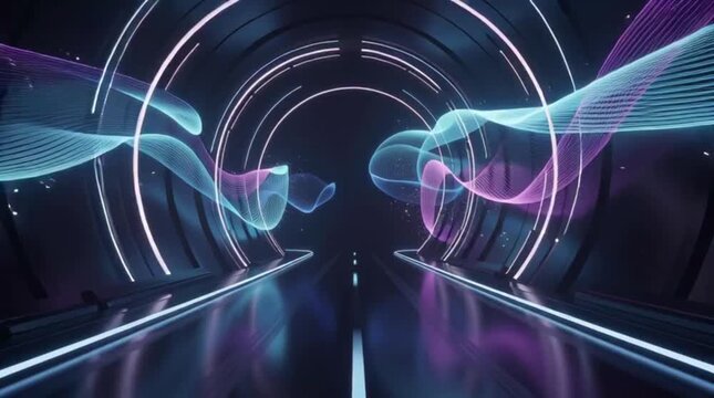 Futuristic neon tunnel with flowing digital energy waves