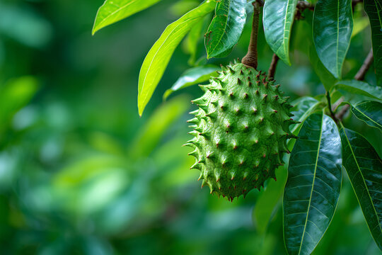 Ripe soursop fruit hangs from a tree in a tropical garden.