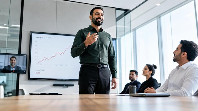 Confident Middle Eastern Businessman Leading Financial Presentation in Modern Office