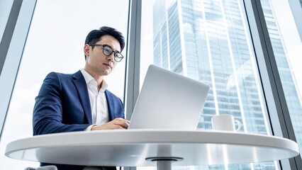 Fototapeta premium Focused Asian Businessman Working on Laptop in Modern Office with City View