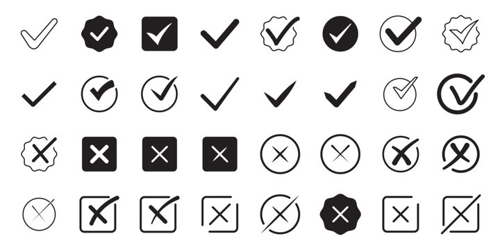 Check mark icons. Green check mark icon and red cross icon sheet. green tick and red x. Symbols of approval and Decline, outline and fill vector illustration. Set of red tick mark and cross mark