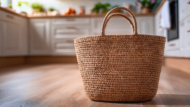 Woven straw tote bag on a wooden floor in a bright kitchen setting with material