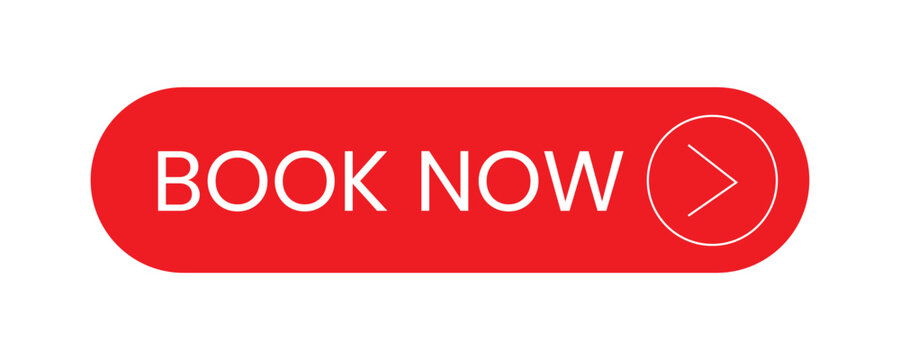 Book Now Button with Arrow red Icon for e-booking Website isolated on white background