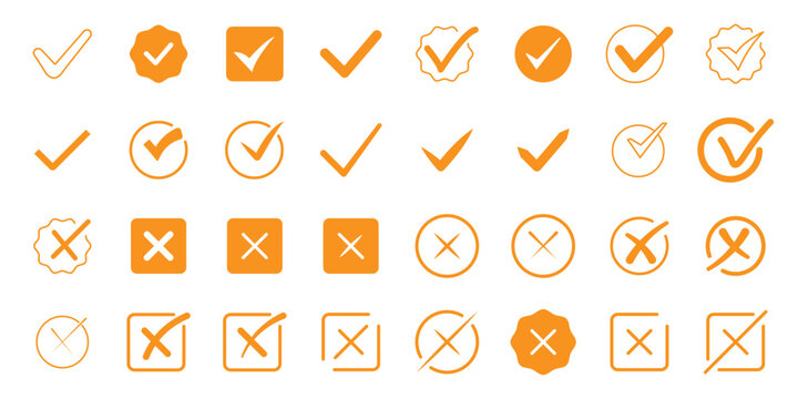 Check mark icons. Green check mark icon and red cross icon sheet. green tick and red x. Symbols of approval and Decline, outline and fill vector illustration. Set of red tick mark and cross mark