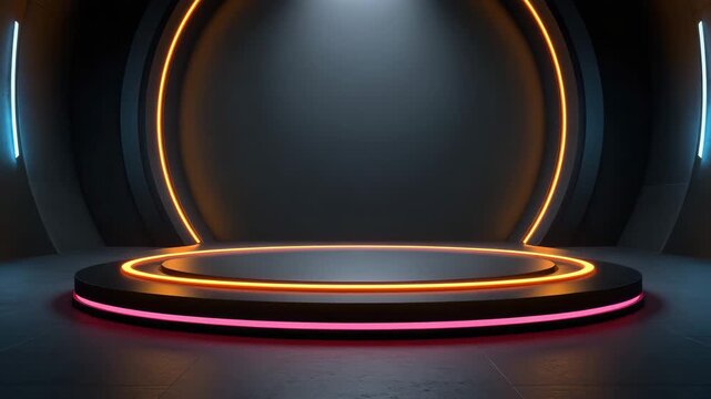 Futuristic empty stage platform with neon light glowing ring in dark studio, orange glow and pink accent, abstract modern backdrop for product display, SEO friendly design