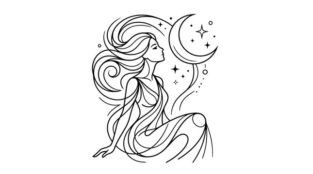 Mystical Woman with Moon and Stars - Line Art Illustration