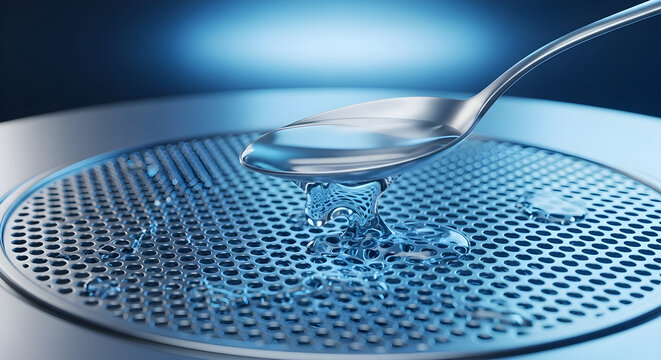 Water droplets fall from spoon onto metal grate in science lab setting