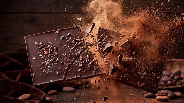 Chocolate bars shatter into pieces with cocoa powder exploding in the air on a dark rustic table.