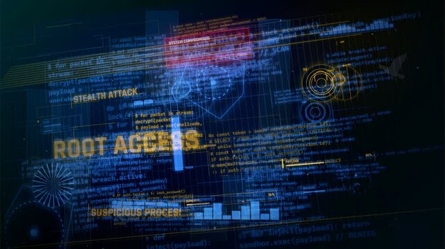 Cyber Attack Interface with Root Access and System Compromised Warning